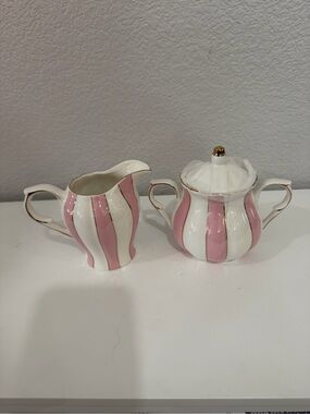 Pink & White Striped Porcelain Creamer and Sugar Bowl with Gold Trim